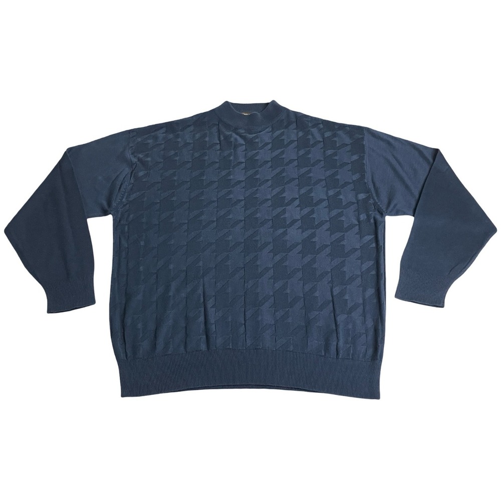 Vintage 90s Trust Sweater Men 2XL Navy Blue Houndstooth Mock Neck Grandpa Preppy